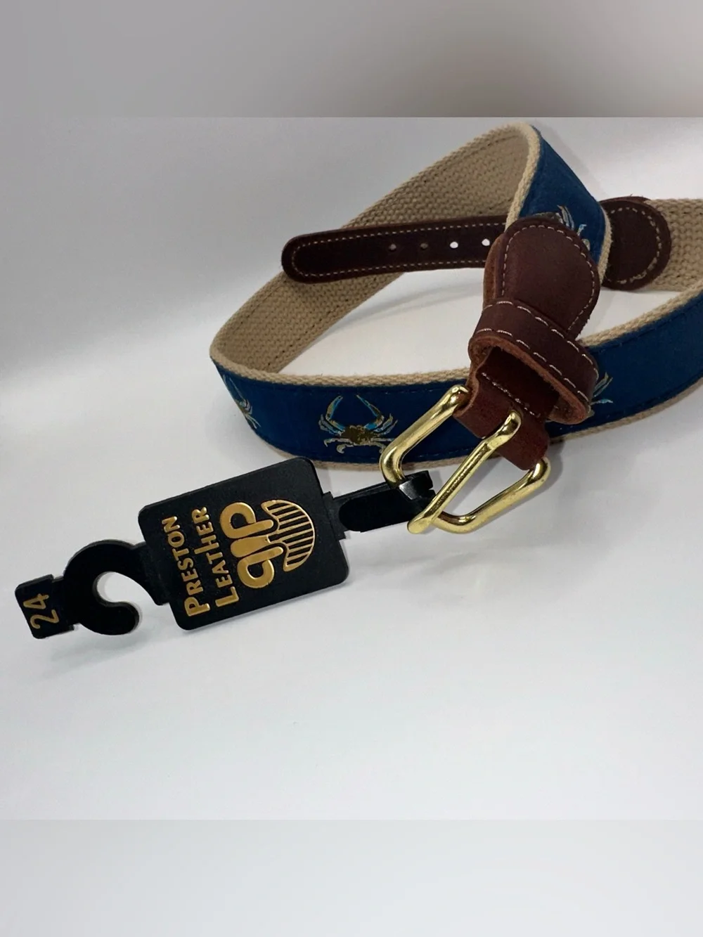 Preston Leather Crab Nautical Belt Solid Brass Buckle Kids Size 24 Made in USA